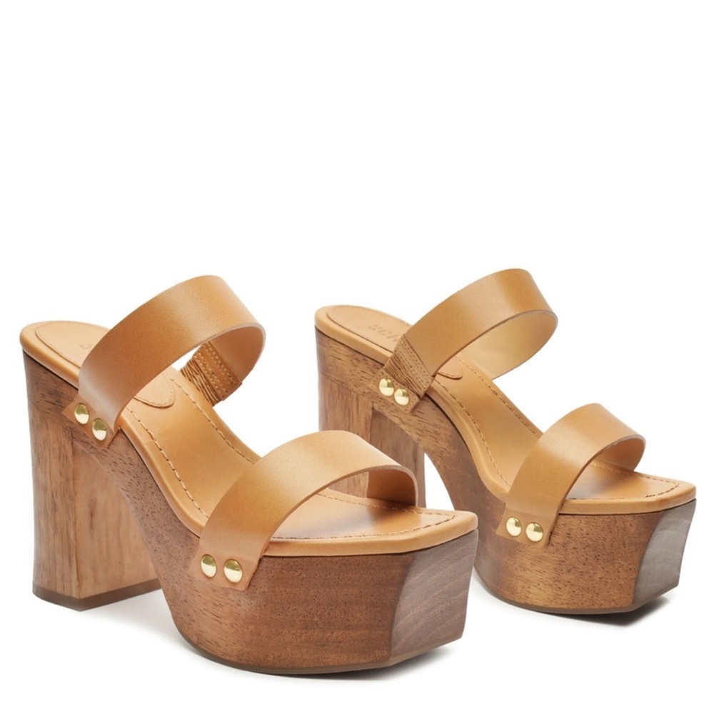 NIB SCHUTZ Pixie block heel square wedge sandal in caramel leather brown sz 8.5